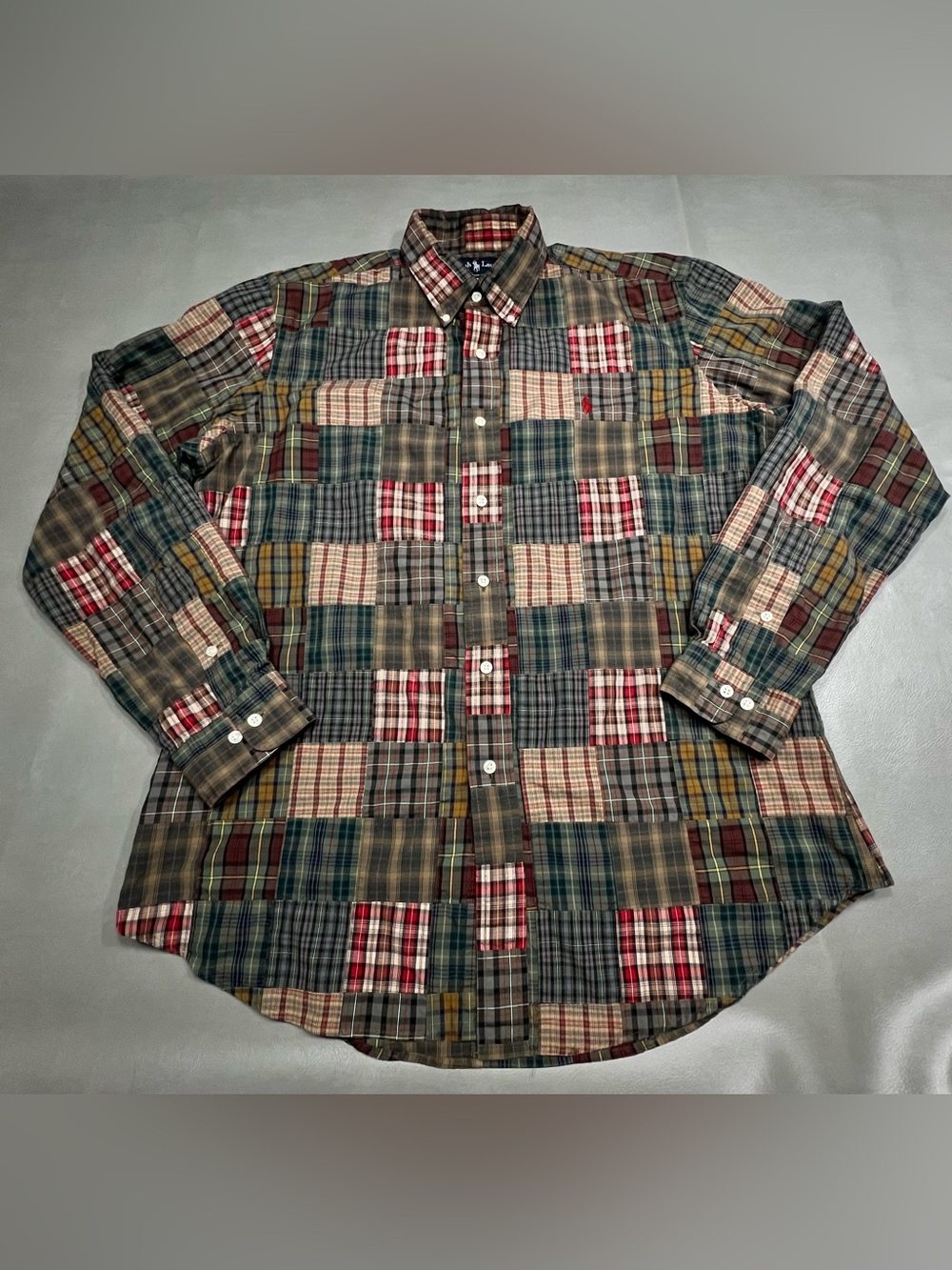 VTG Ralph Lauren Madras Patchwork Plaid Shirt Mens Custom Fit 16 Large